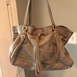 100% grey leather drawstring tote